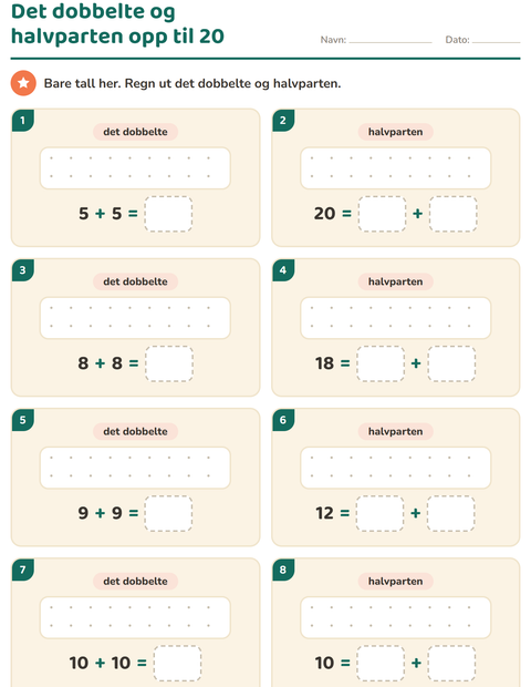 Forhåndsvisning av Det dobbelte og halvparten-arbeidsark for 1. trinn