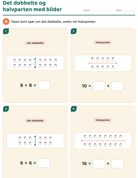 Forhåndsvisning av Det dobbelte og halvparten-arbeidsark med Jul S/H 2 for 1. trinn