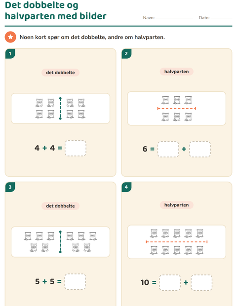 Forhåndsvisning av Det dobbelte og halvparten-arbeidsark med Mat SH 2 for 1. trinn