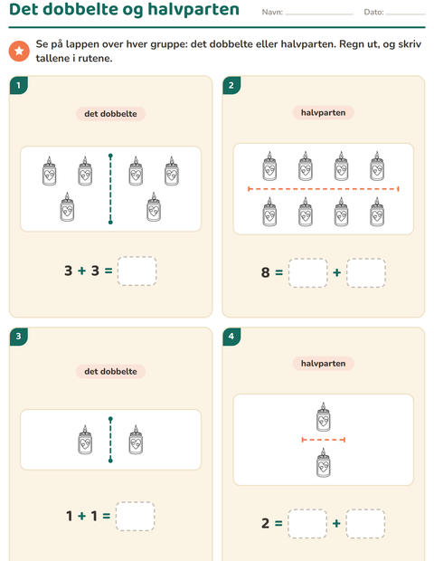 Forhåndsvisning av Det dobbelte og halvparten-arbeidsark med Valentinsdag SH for 1. trinn