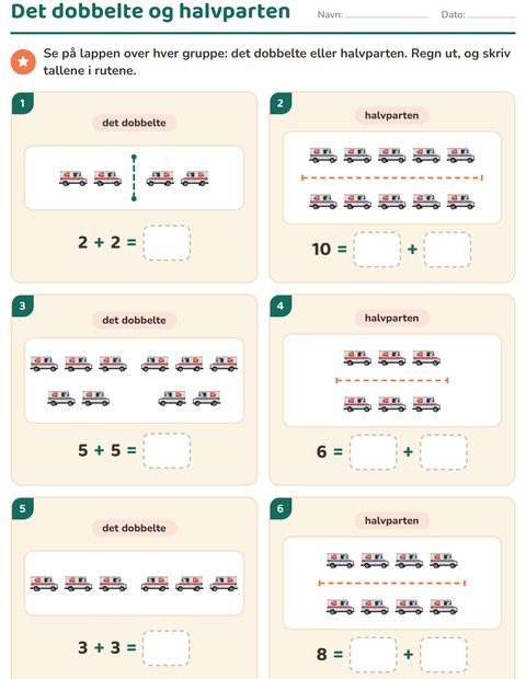 Forhåndsvisning av Det dobbelte og halvparten-arbeidsark med Postkontor for 1. trinn