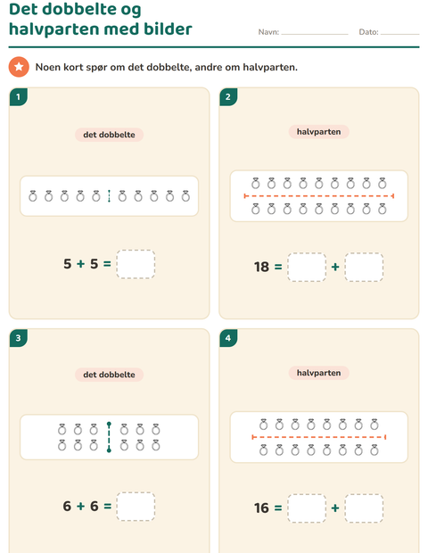 Forhåndsvisning av Det dobbelte og halvparten-arbeidsark med Valentinsdag SH 2 for 1. trinn