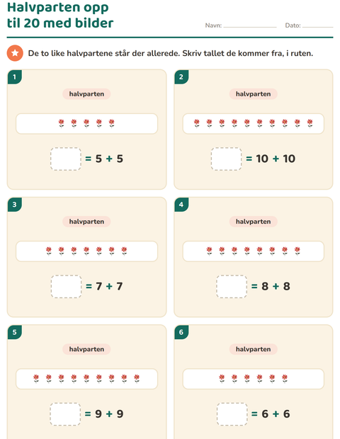 Forhåndsvisning av Det dobbelte og halvparten-arbeidsark med Blomster for 1. trinn