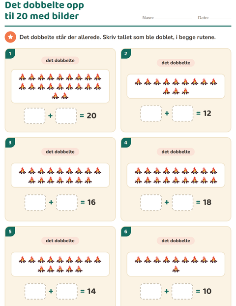 Forhåndsvisning av Det dobbelte og halvparten-arbeidsark med Camping for 1. trinn