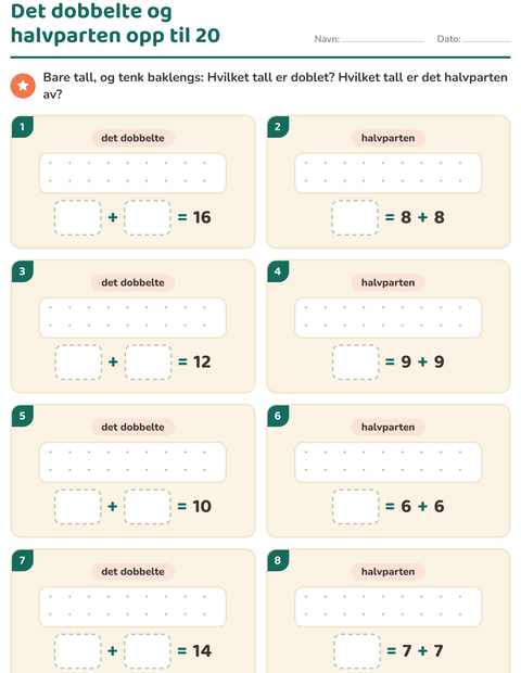Forhåndsvisning av Det dobbelte og halvparten-arbeidsark for 1. trinn