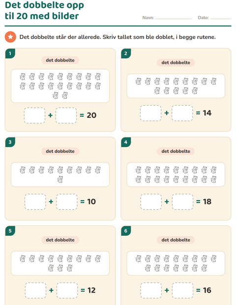 Forhåndsvisning av Det dobbelte og halvparten-arbeidsark med Gårdsdyr SH for 1. trinn