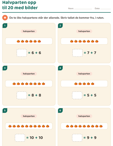 Forhåndsvisning av Det dobbelte og halvparten-arbeidsark med Grønnsaker for 1. trinn