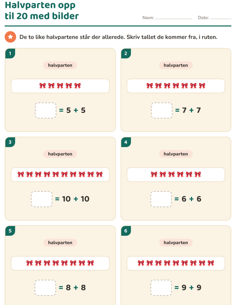Forhåndsvisning av Det dobbelte og halvparten-arbeidsark med Påske for 1. trinn