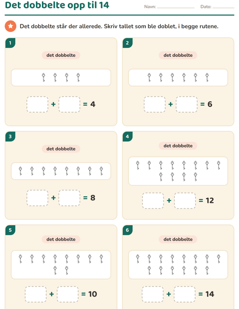 Forhåndsvisning av Det dobbelte og halvparten-arbeidsark med Valentinsdag SH 2 for 1. trinn
