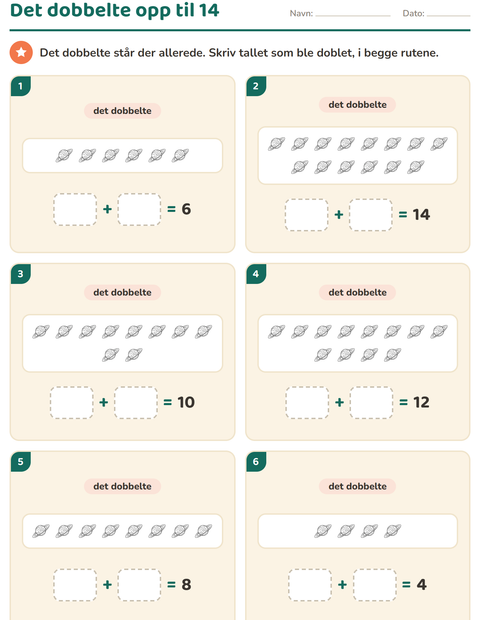 Forhåndsvisning av Det dobbelte og halvparten-arbeidsark med Verdensrommet SH for 1. trinn