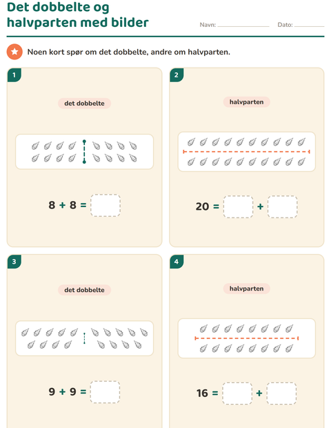 Forhåndsvisning av Det dobbelte og halvparten-arbeidsark med Verdensrommet SH for 1. trinn