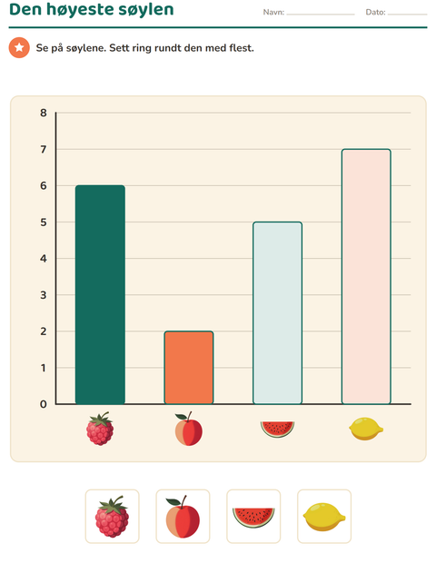 Forhåndsvisning av Diagram og data-arbeidsark med Frukter for 1. trinn