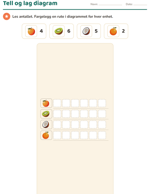 Forhåndsvisning av Diagram og data-arbeidsark med Frukter for 1. trinn