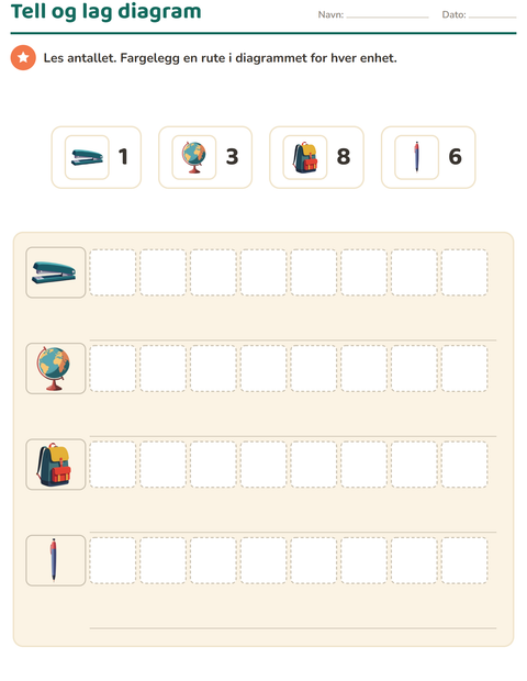 Forhåndsvisning av Diagram og data-arbeidsark med Klasserom for 1. trinn