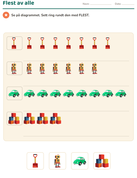 Forhåndsvisning av Diagram og data-arbeidsark med Leker for 1. trinn