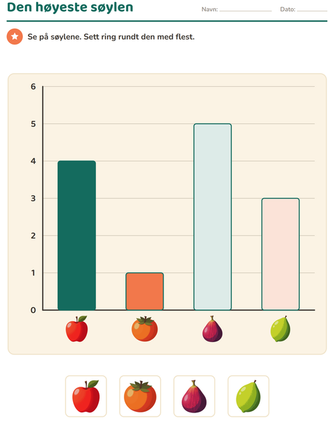 Forhåndsvisning av Diagram og data-arbeidsark med Frukter for 1. trinn