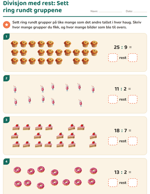Forhåndsvisning av Divisjon med rest-arbeidsark med Desserter og godteri for 3. trinn