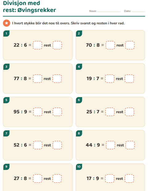 Forhåndsvisning av Divisjon med rest-arbeidsark for 3. trinn
