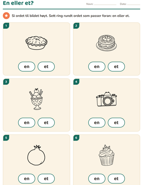 Forhåndsvisning av En eller et-arbeidsark med Dessert (S/H) for Barnehage (5-7 år)
