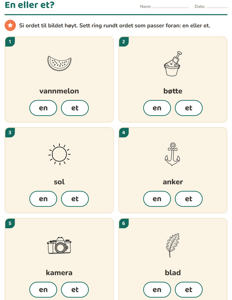 Forhåndsvisning av En eller et-arbeidsark med Strand SH for Barnehage (5-7 år)