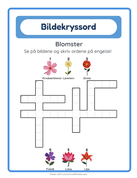 Forhåndsvisning av Lær engelsk: Blomster – kryssord for barn