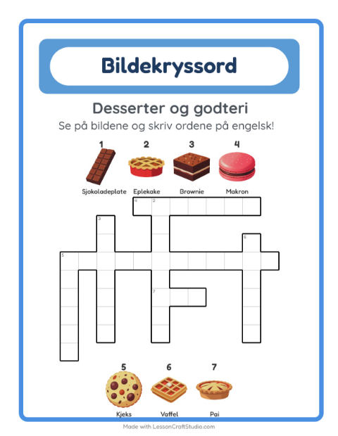 Forhåndsvisning av Lær engelsk: Desserter og godteri – kryssord for barn