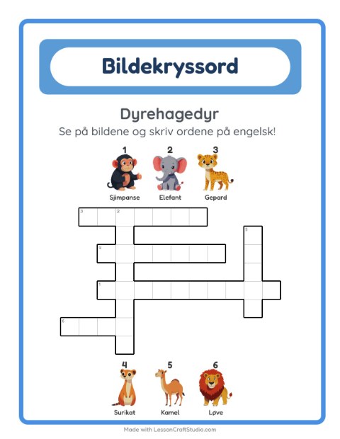 Forhåndsvisning av Lær engelsk: Dyrehagedyr – kryssord for barn