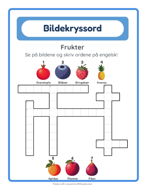 Forhåndsvisning av Lær engelsk: Frukter – kryssord for barn