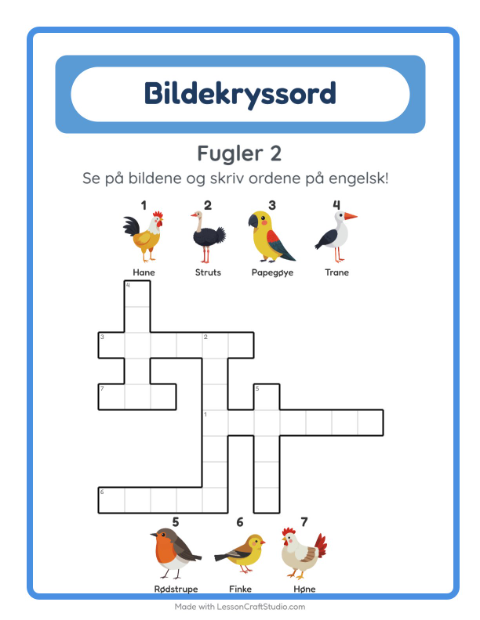 Engelsk bildekryssord – Fugler 2