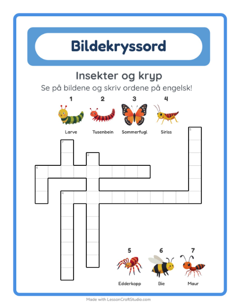 Forhåndsvisning av Lær engelsk: Insekter og kryp – kryssord for barn