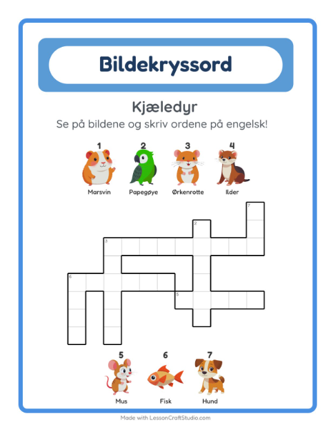 Forhåndsvisning av Lær engelsk: Kjæledyr – kryssord for barn