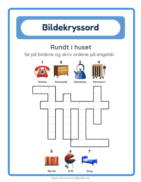 Forhåndsvisning av Lær engelsk: Rundt i huset – kryssord for barn