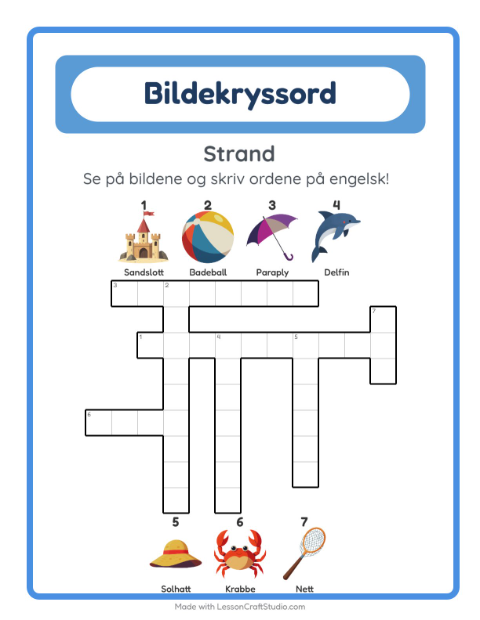 Forhåndsvisning av Lær engelsk: Strand – kryssord for barn