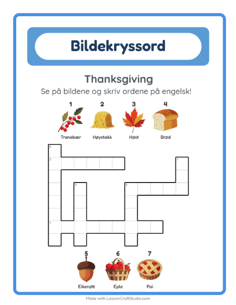 Forhåndsvisning av Lær engelsk: Thanksgiving – kryssord for barn