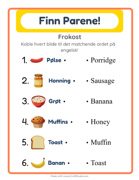 Forhåndsvisning av Lær engelsk: Frokost – bildematching for barn