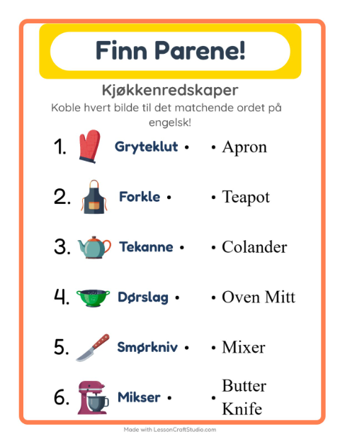 Engelsk bildematching – Kjøkkenredskaper