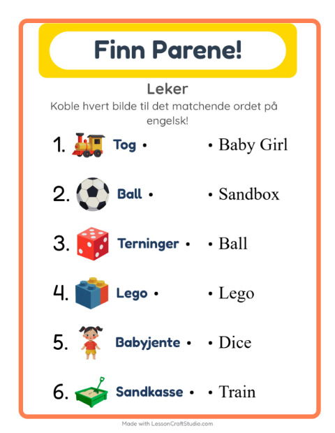 Forhåndsvisning av Lær engelsk: Leker – bildematching for barn