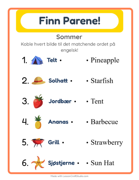 Forhåndsvisning av Lær engelsk: Sommer – bildematching for barn