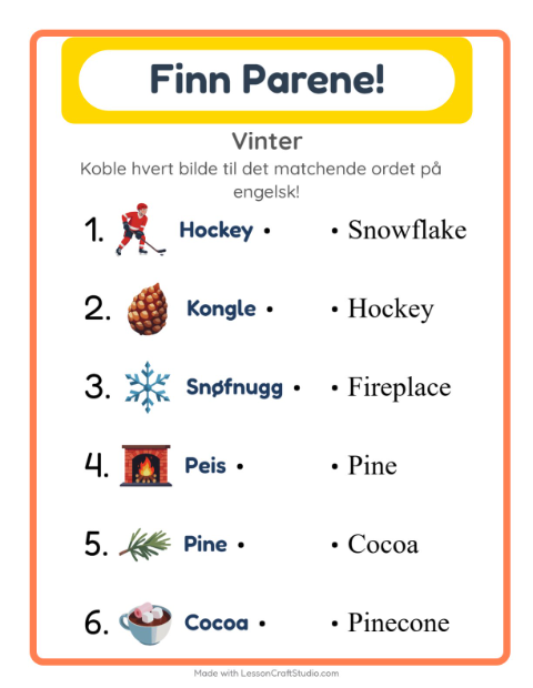 Forhåndsvisning av Lær engelsk: Vinter – bildematching for barn