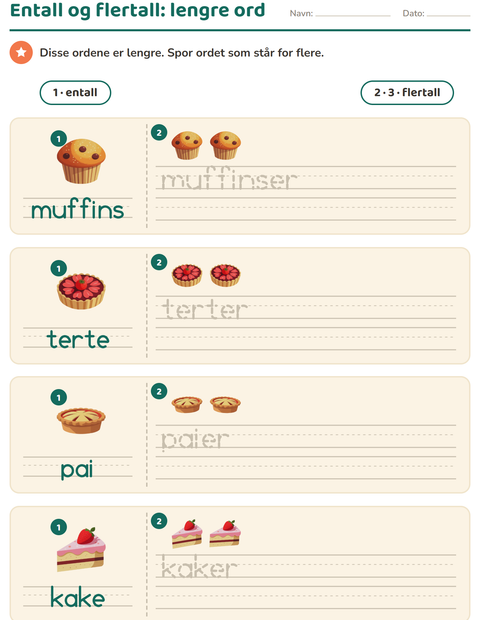 Forhåndsvisning av Entall og flertall-arbeidsark med Desserter og godteri for Barnehage (5-7 år)