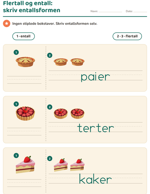 Forhåndsvisning av Entall og flertall-arbeidsark med Desserter og godteri for Barnehage (5-7 år)