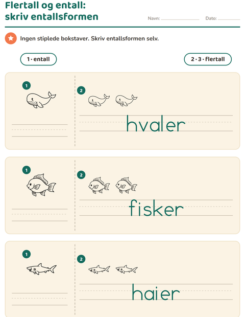 Forhåndsvisning av Entall og flertall-arbeidsark med Havliv SH for Barnehage (5-7 år)