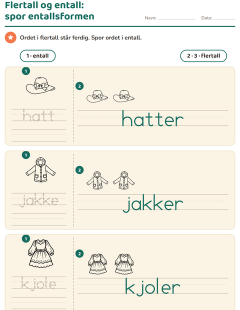 Forhåndsvisning av Entall og flertall-arbeidsark med Klær SH for Barnehage (5-7 år)