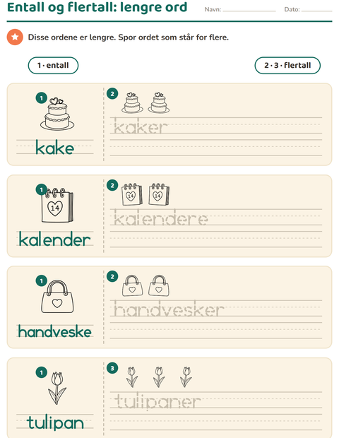 Forhåndsvisning av Entall og flertall-arbeidsark med Valentinsdag SH 2 for Barnehage (5-7 år)