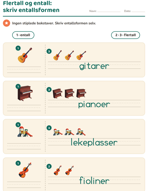 Forhåndsvisning av Entall og flertall-arbeidsark med Aktiviteter for Barnehage (5-7 år)