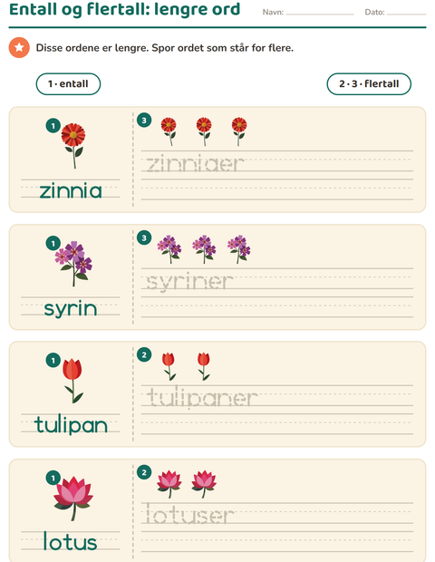 Forhåndsvisning av Entall og flertall-arbeidsark med Blomster for Barnehage (5-7 år)