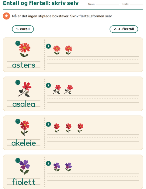 Forhåndsvisning av Entall og flertall-arbeidsark med Blomster for Barnehage (5-7 år)