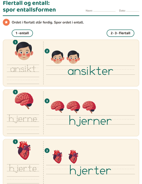 Forhåndsvisning av Entall og flertall-arbeidsark med Kroppsdeler for Barnehage (5-7 år)