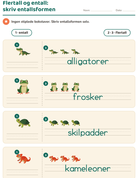 Forhåndsvisning av Entall og flertall-arbeidsark med Reptiler og amfibier for Barnehage (5-7 år)