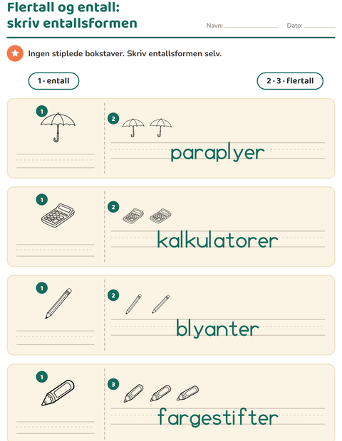 Forhåndsvisning av Entall og flertall-arbeidsark med Utdanning SH for Barnehage (5-7 år)
